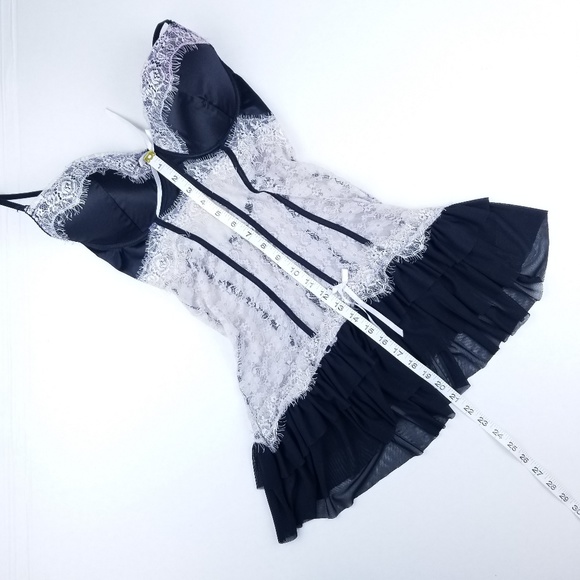 Lace Skirted Teddy Top 38C Sexy Black Pink - Picture 3 of 7